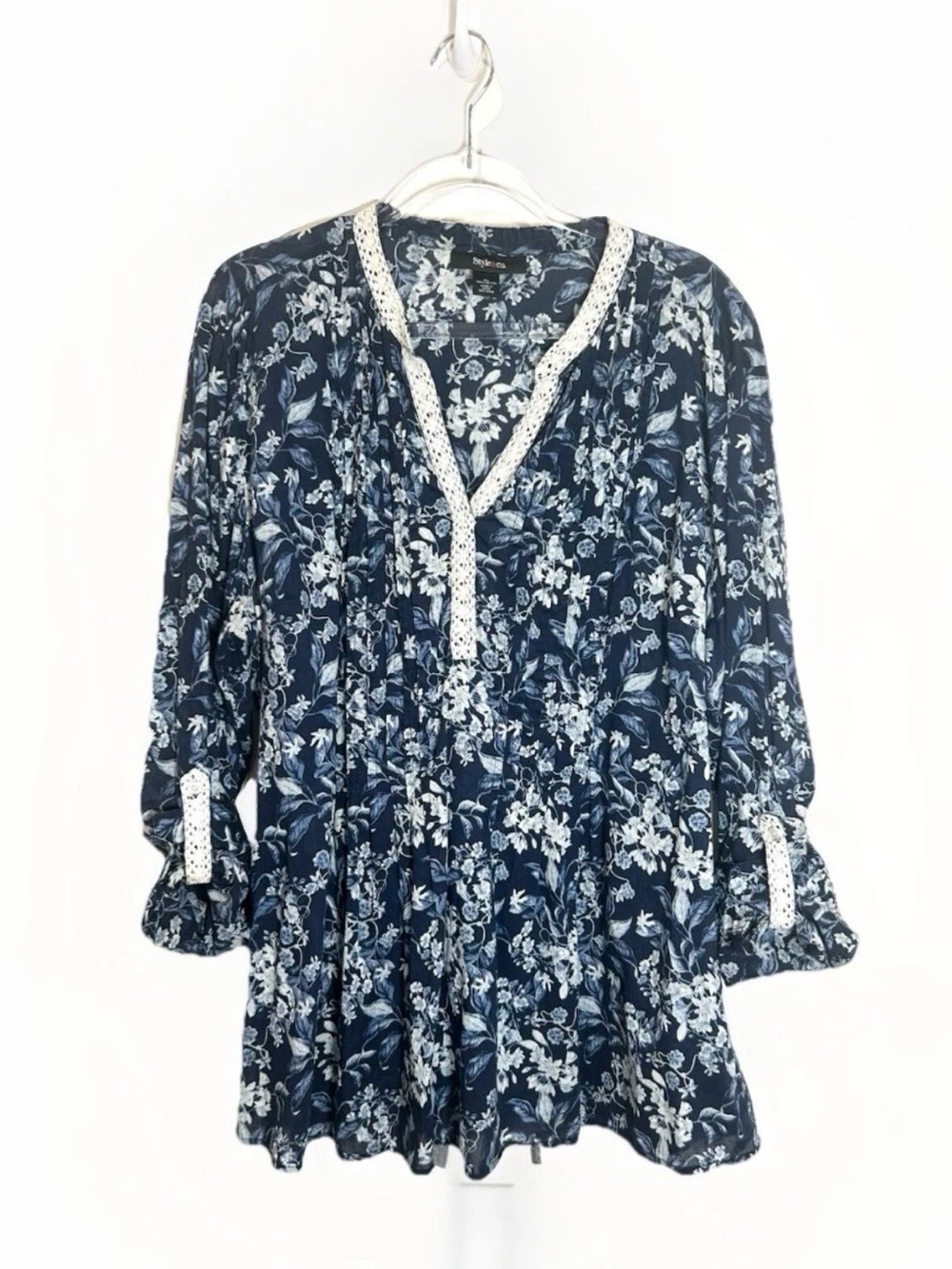Style & Co Tunic Top Women XL Crochet Pleated Floral 100% Cotton Cottagecore